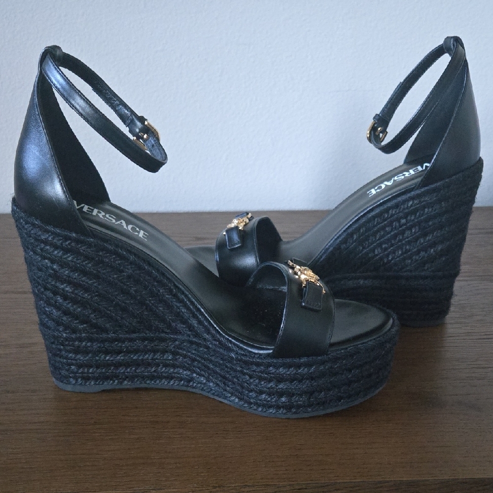 Versace Black Leather Wedge Size 39 Sandals with Gold Medusa Accent